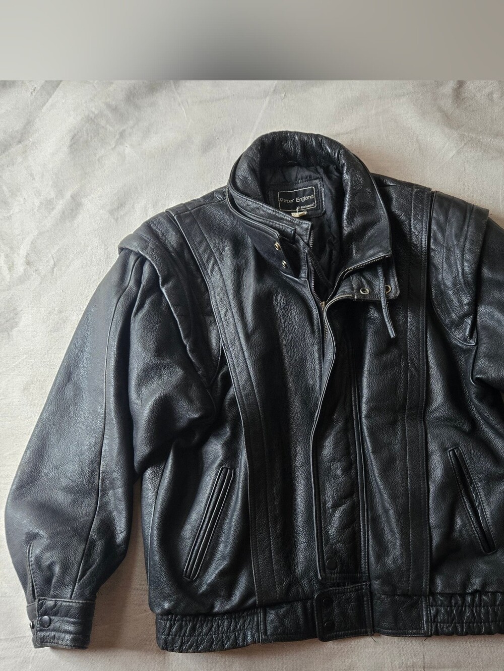 Vintage Peter England by Richmond XL Black Leather Bomber Flight Jacket Heavy